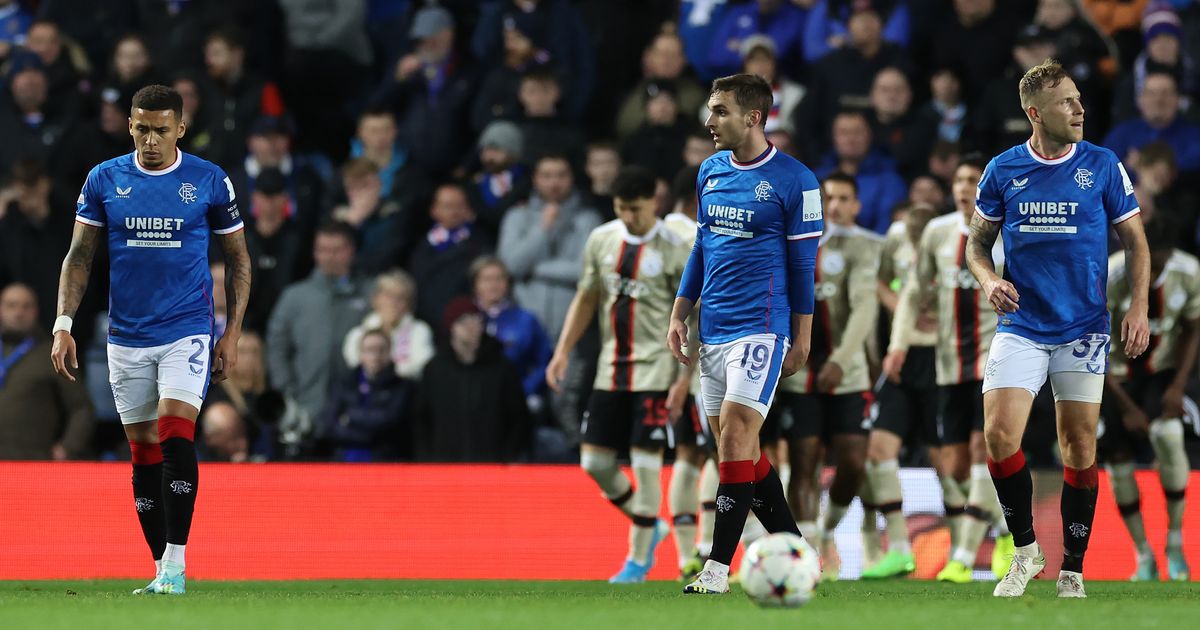 James Sands and James Tavernier of Rangers are seen after their tean conceed their second goal during the UEFA Champions League group A match between Rangers FC and AFC Ajax at Ibrox Stadium on November 01, 2022 in Glasgow, Scotland.