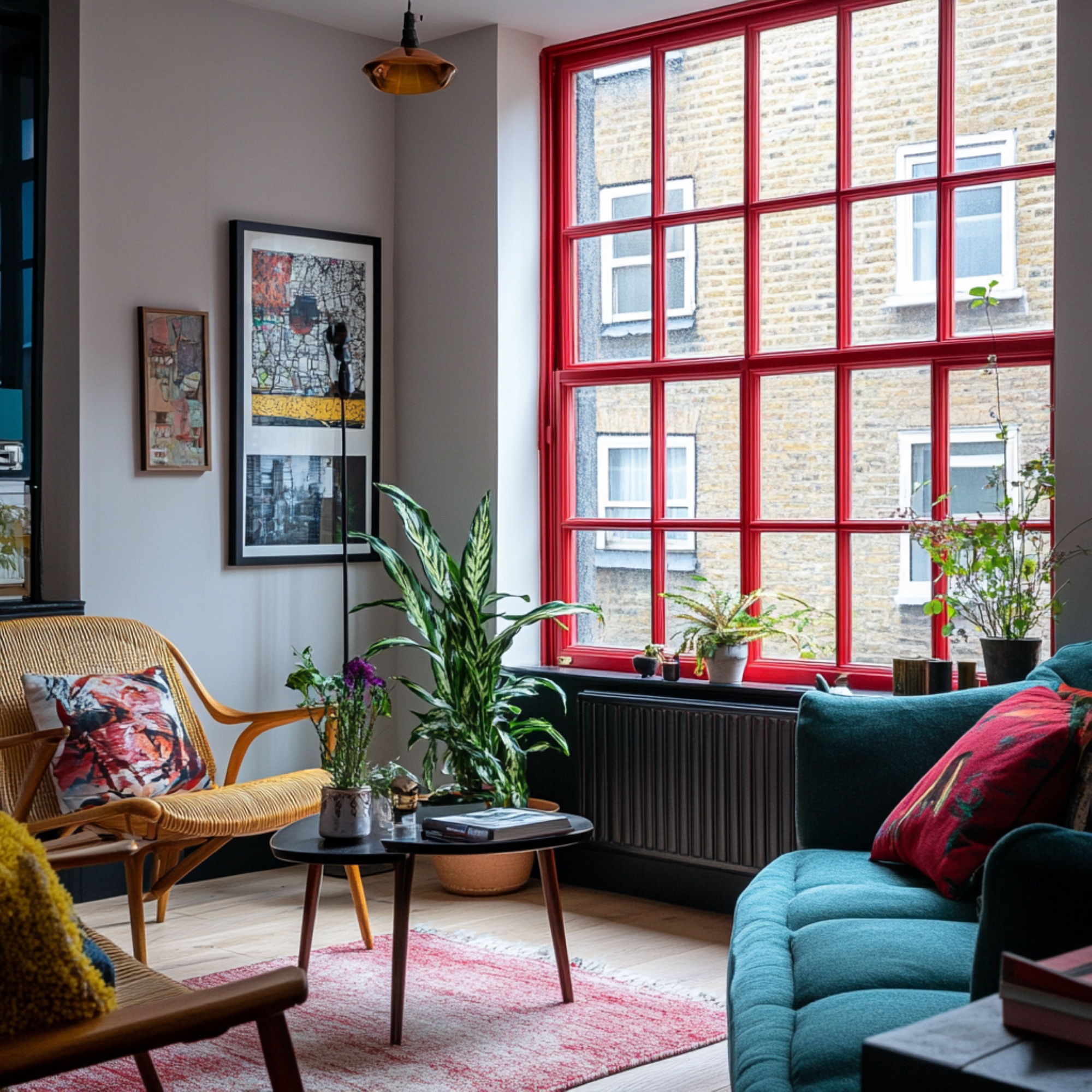 living room with bright red window frame and colourful furniture
