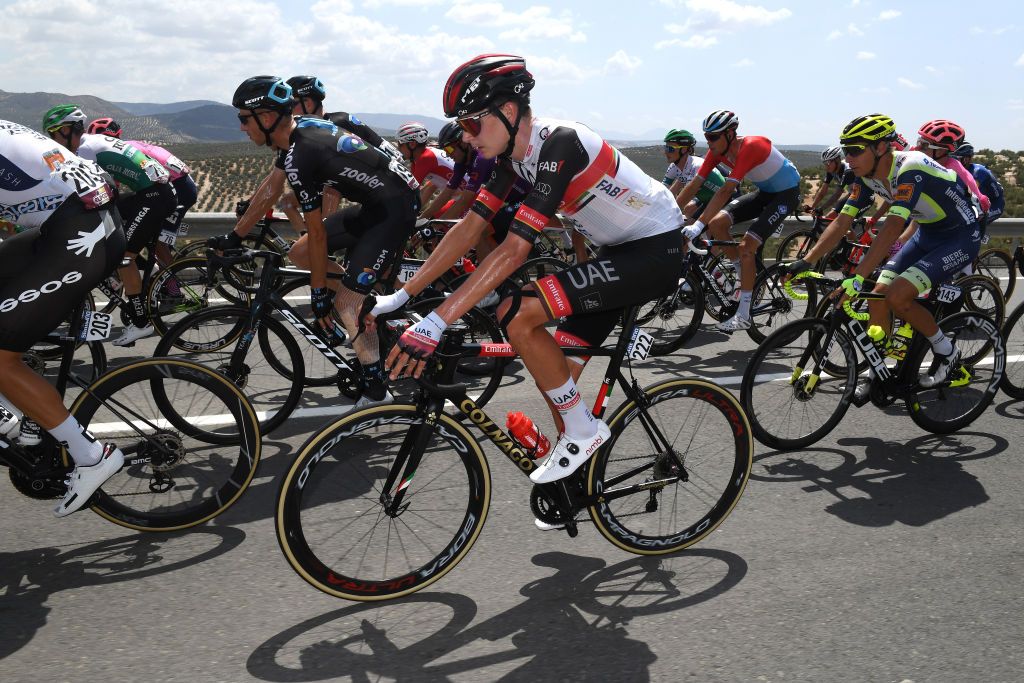 VALDEPEAS DE JAN SPAIN AUGUST 25 Joseph Lloyd Dombrowski of United States and UAE Team Emirates during the 76th Tour of Spain 2021 Stage 11 a 1336km stage from Antequera to Valdepeas de Jan 1009m lavuelta LaVuelta21 on August 25 2021 in Valdepeas de Jan Spain Photo by Tim de WaeleGetty Images