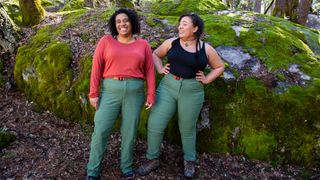 Two plus size hikers modeling the river and mountain fit pants from Alpine Parrot