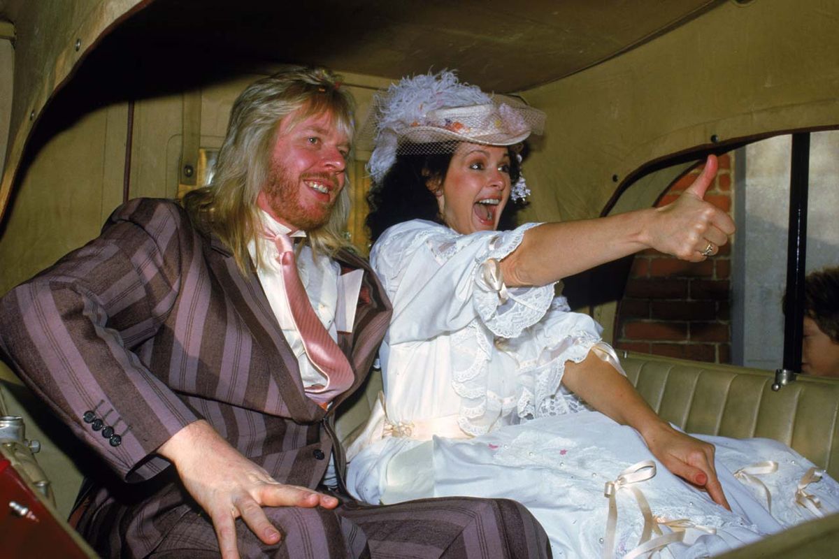 Rick Wakeman marries ex-model Nina Carter at at Camberley United Reformed Church, 1984.