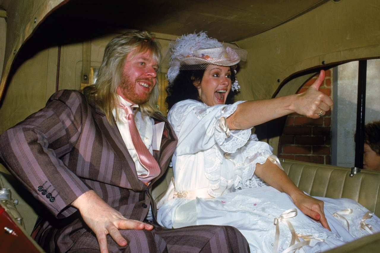 Rick Wakeman marries ex-model Nina Carter at at Camberley United Reformed Church, 1984.