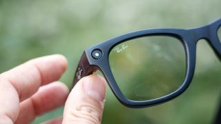 A close-up of a camera lens on the Meta Ray-Ban (gen 2) smart glasses with shutter closed