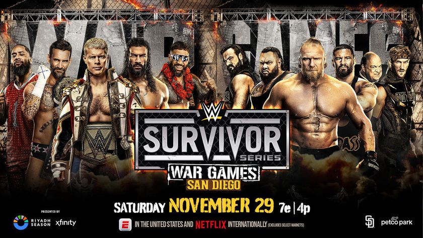 The poster from WWE Survivor Series: War Games 2025, featuring the participants of the men&#039;s WarGames match