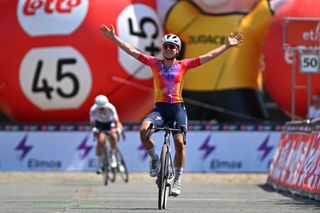 DIEST BELGIUM JUNE 10 Lotte Kopecky of Belgium and Team SD Worx celebrates at finish line as race winner during the 3rd Duracell Dwars Door Het Hageland 2023 Womens Elite a 128km one day race from Aarschot to Diest on June 10 2023 in Diest Belgium Photo by Luc ClaessenGetty Images