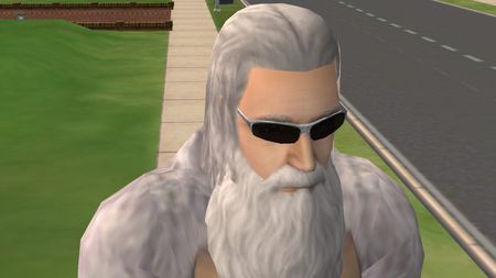 The Sims 2 - a sim with white hair and a beard wears stylish sunglasses on the sidewalk