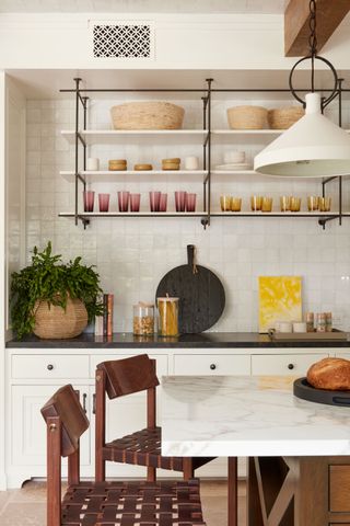 white kitchen with open shelves
