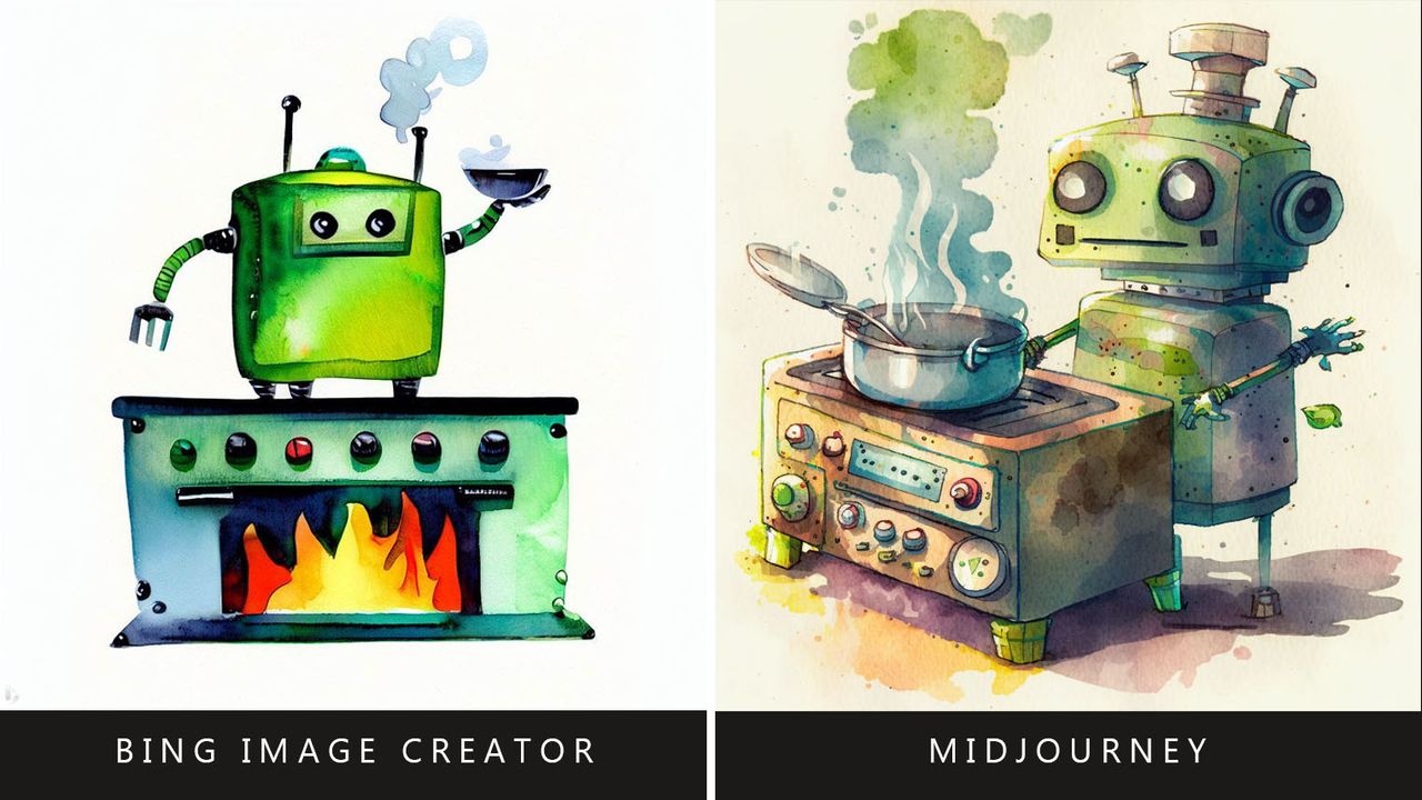 Bing Image Creator vs Midjourney prompt: Watercolor robot cooking.