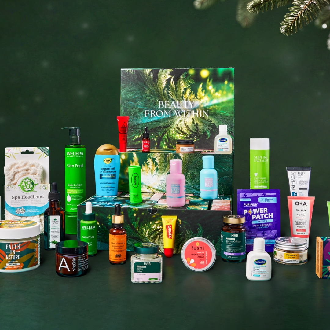 Holland &amp;amp; Barrett Beauty Advent Calendar 2026 with its contents in front of it