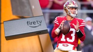 An Amazon Firestick shown next to a player on the San Francisco 49ers for Super Bowl 2024