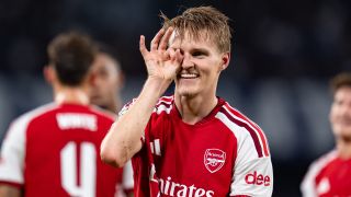 Martin Odegaard of Arsenal FC celebrates after scoring first goal during the UEFA Champions League 2026/27 League Phase MD1 match between SSC Napoli and Arsenal FC