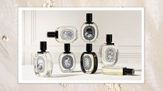 seven Diptyque perfume bottles stacked artfully around each other