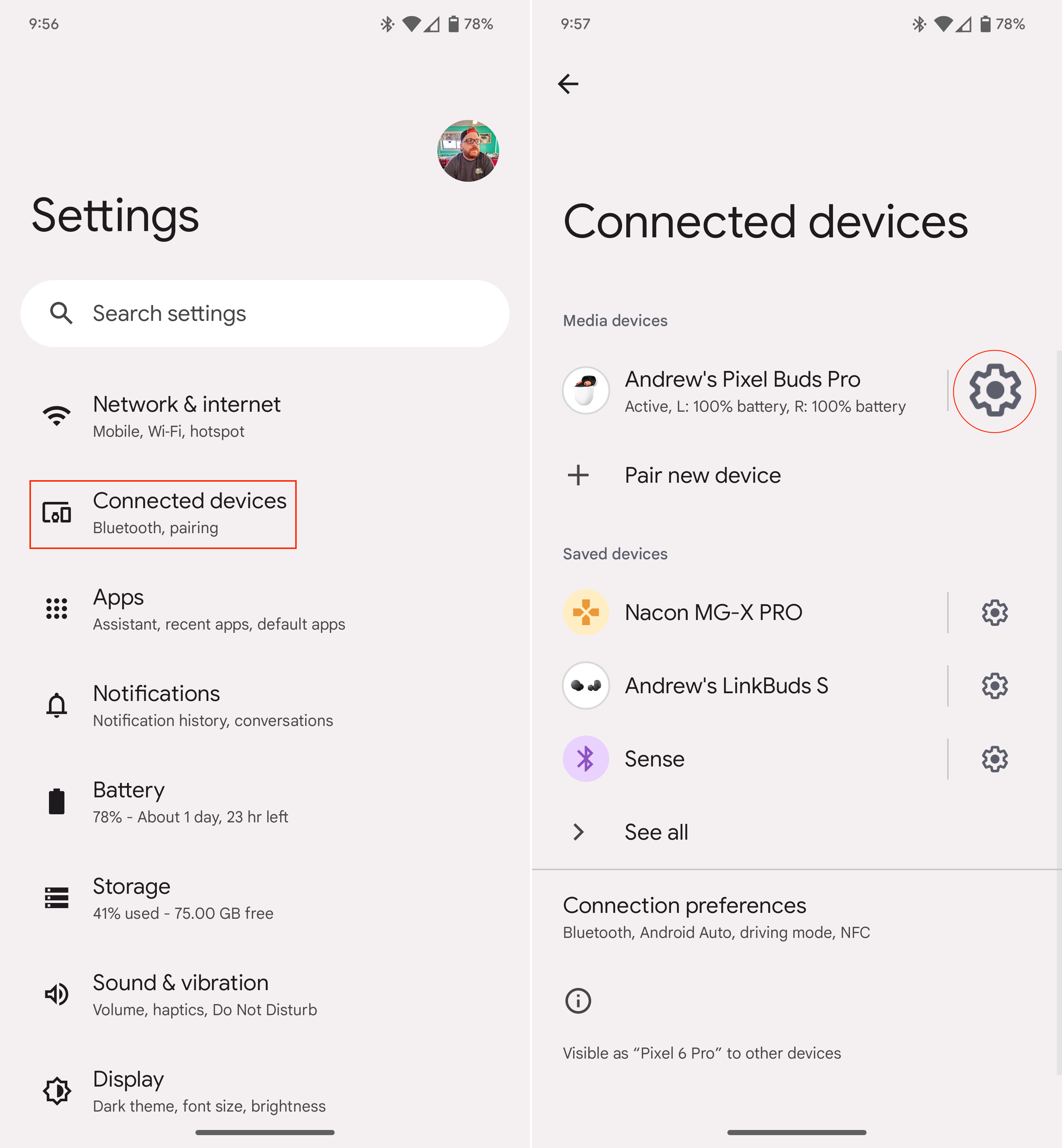 Opening the Pixel Buds Pro settings page from phone settings