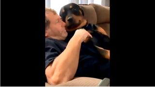 A rottweiler having a cuddle on the sofa with his owner