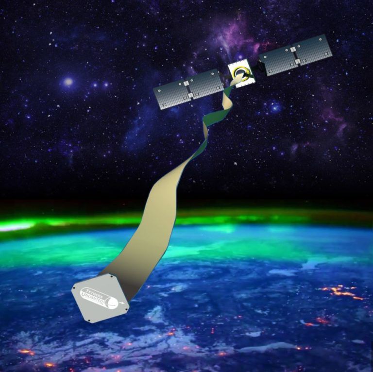 Artist&#039;s illustration of Tethers Unlimited&#039;s &quot;Terminator Tape&quot; de-orbit module, which interacts with the space environment to rapidly drag a satellite out of orbit.