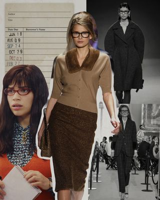 a collage depicting models wearing the geek-chic fashion trend on archival runway shows