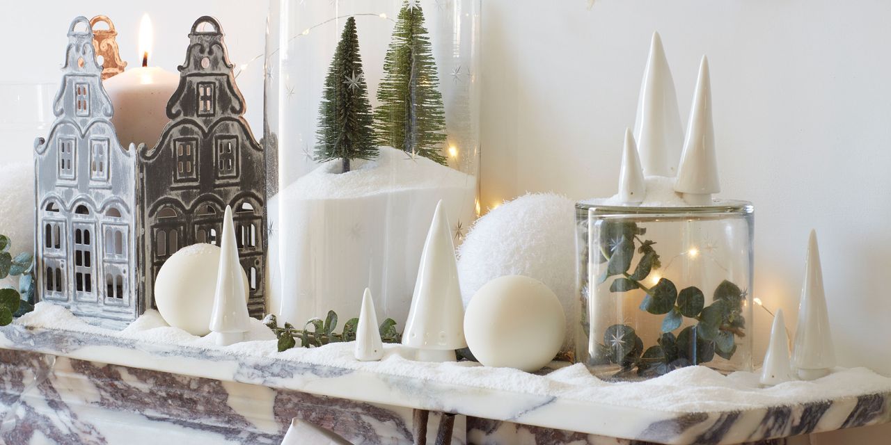 Christmas mantel decor ideas all white scheme