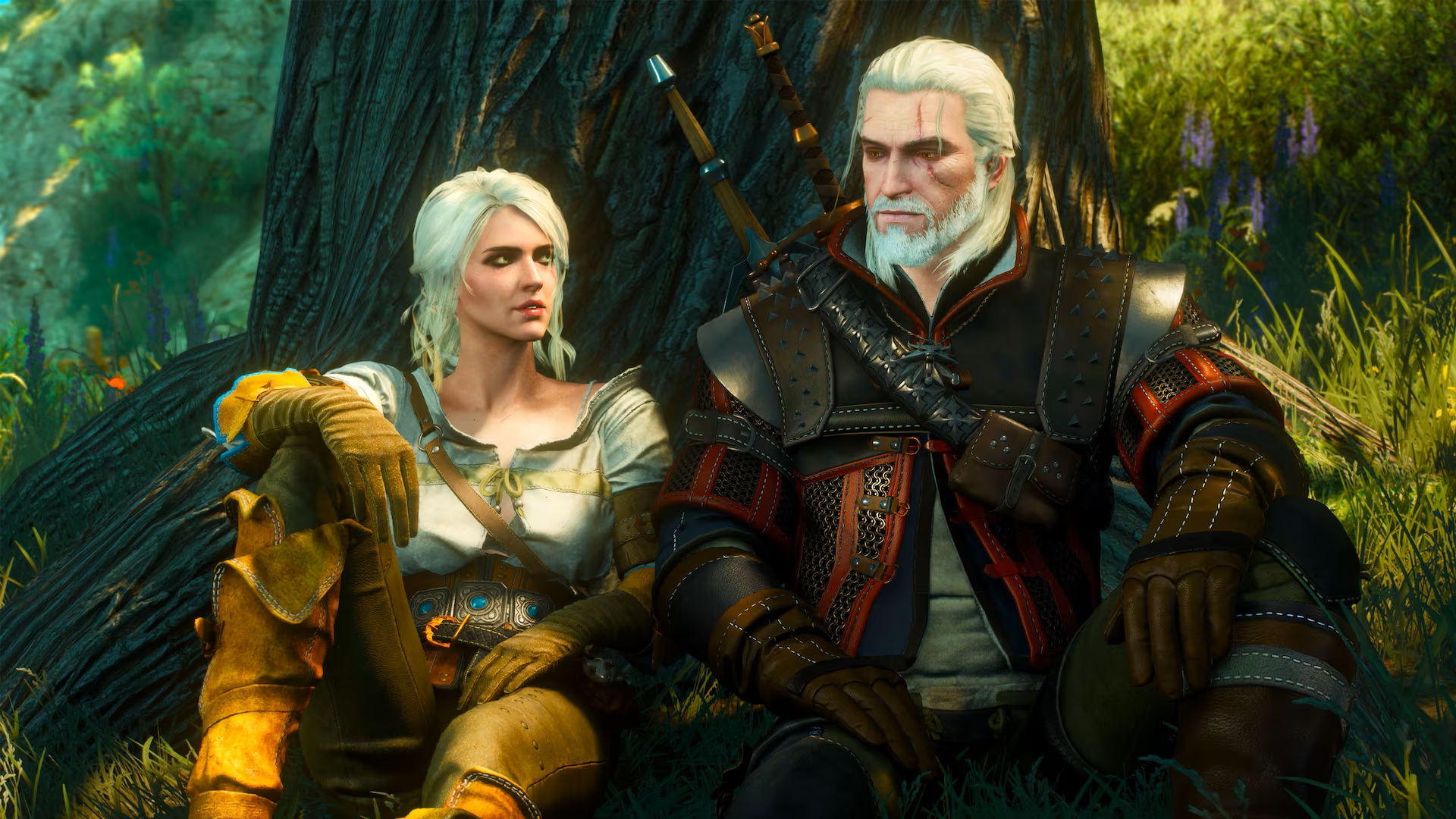 Geralt sits with his ward Ciri under a tree in The Witcher 3: Wild Hunt on PS5