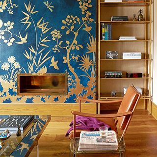 room with blue and golden printed wall