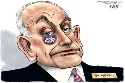Political cartoon U.S. John Kelly cover-up for Rob Porter black eye