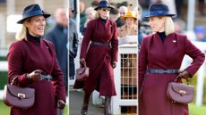 A composite of three pictures of Zara Tindall with her Aspinal bag and knee high boots at Cheltenham Racecourse on 27th January 2024