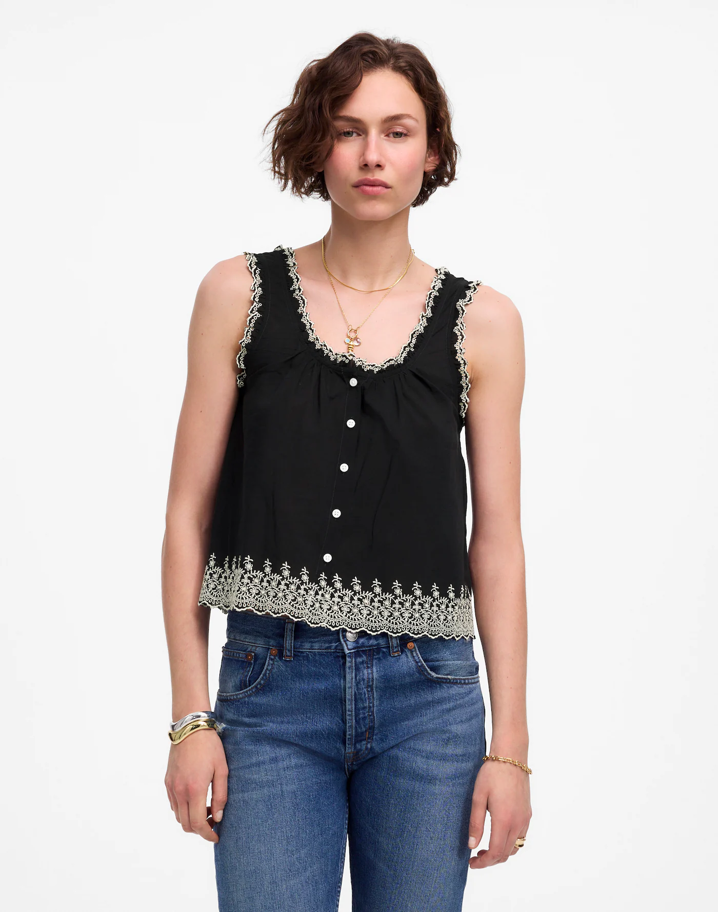 MW, Embroidered Scalloped Tank