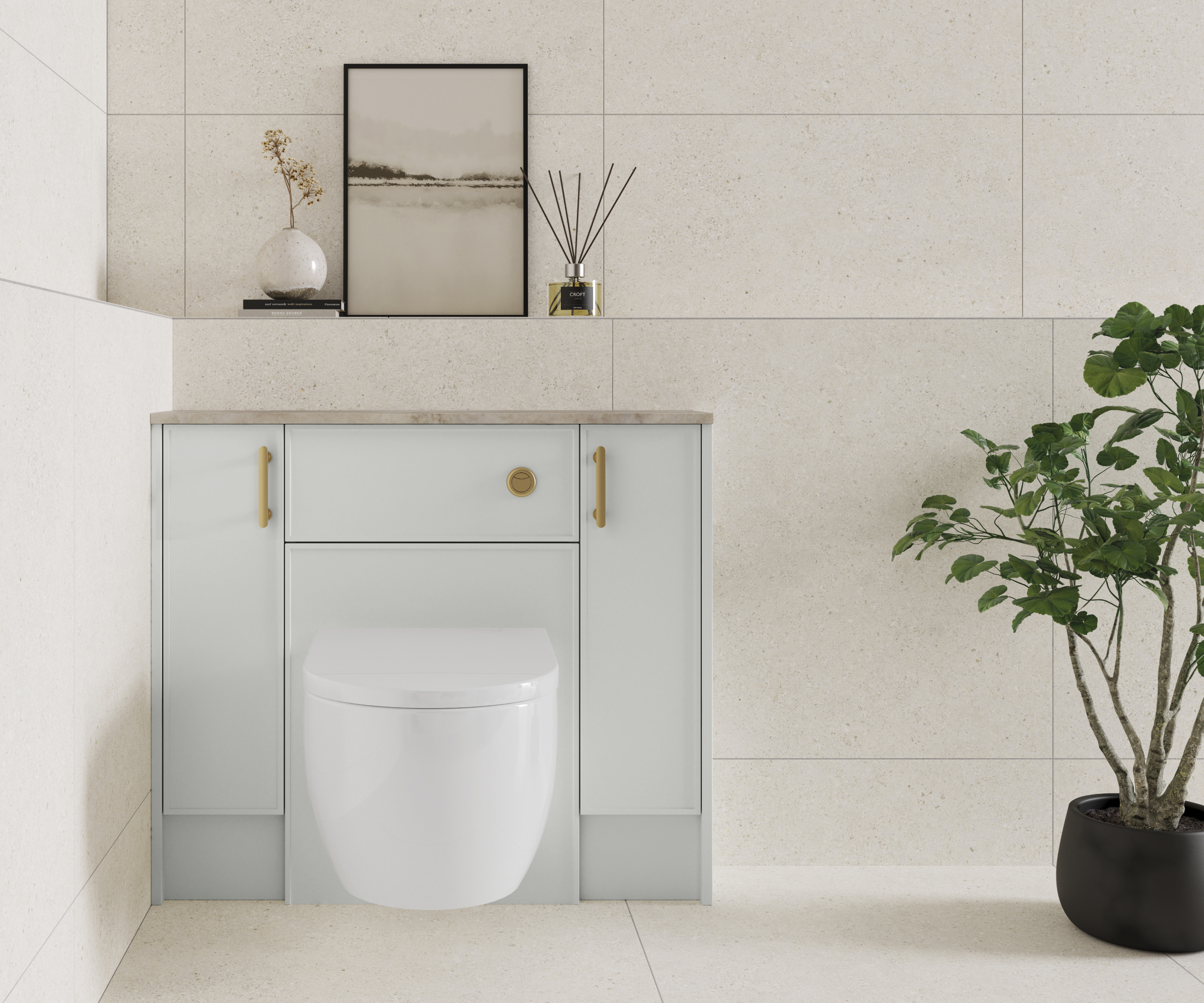 toilet wall mounted on pale grey storage cabinet with cupboards