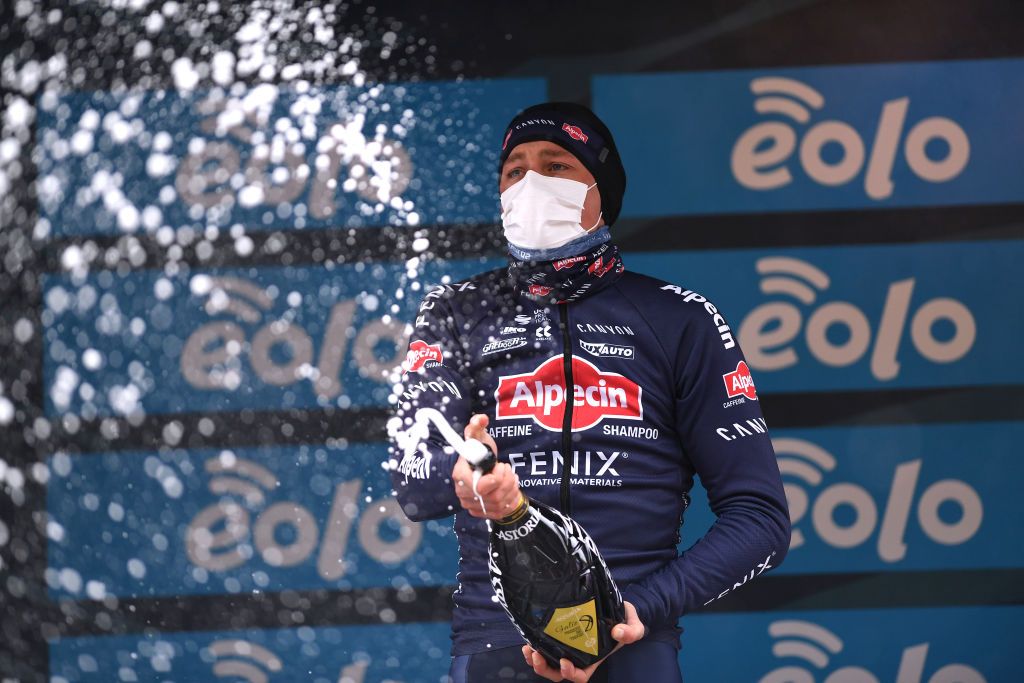 CASTELFIDARDO ITALY MARCH 14 Podium Mathieu Van Der Poel of Netherlands and Team AlpecinFenix Celebration during the 56th TirrenoAdriatico 2021 Stage 5 a 205km stage from Castellalto to Castelfidardo 175m Champagne TirrenoAdriatico on March 14 2021 in Castelfidardo Italy Photo by Tim de WaeleGetty Images