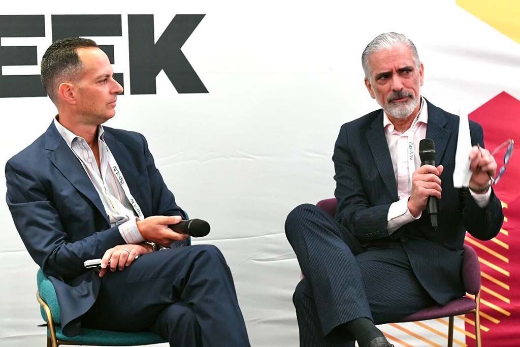 Jose Pablo Rodriguez of GALLEGOS United agency and Comcast&#039;s Jose Velez-Silva at the Hispanic TV Summit. Photo for Future by Mark Reinertson.