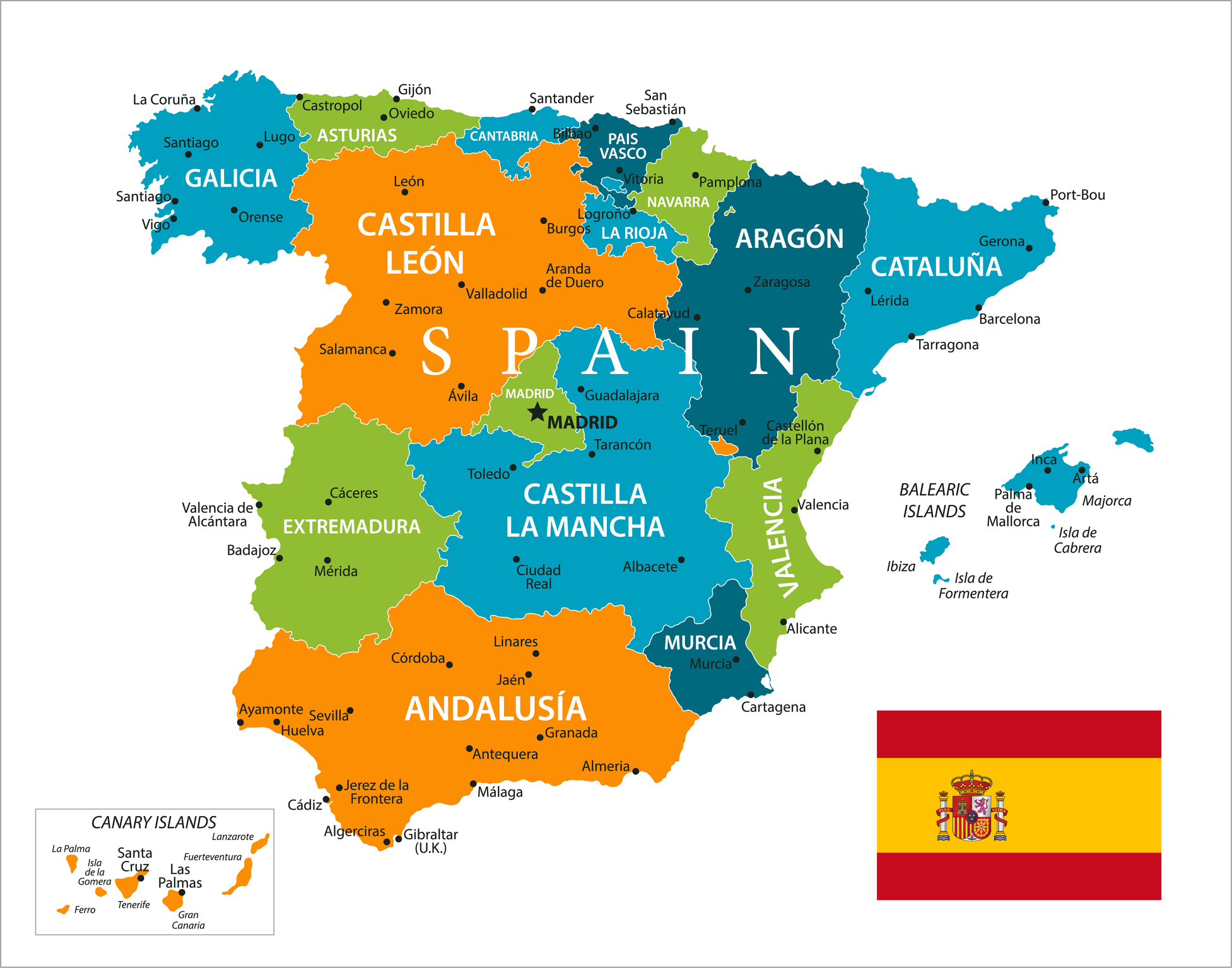 A map of Spain showing major cities and regions.