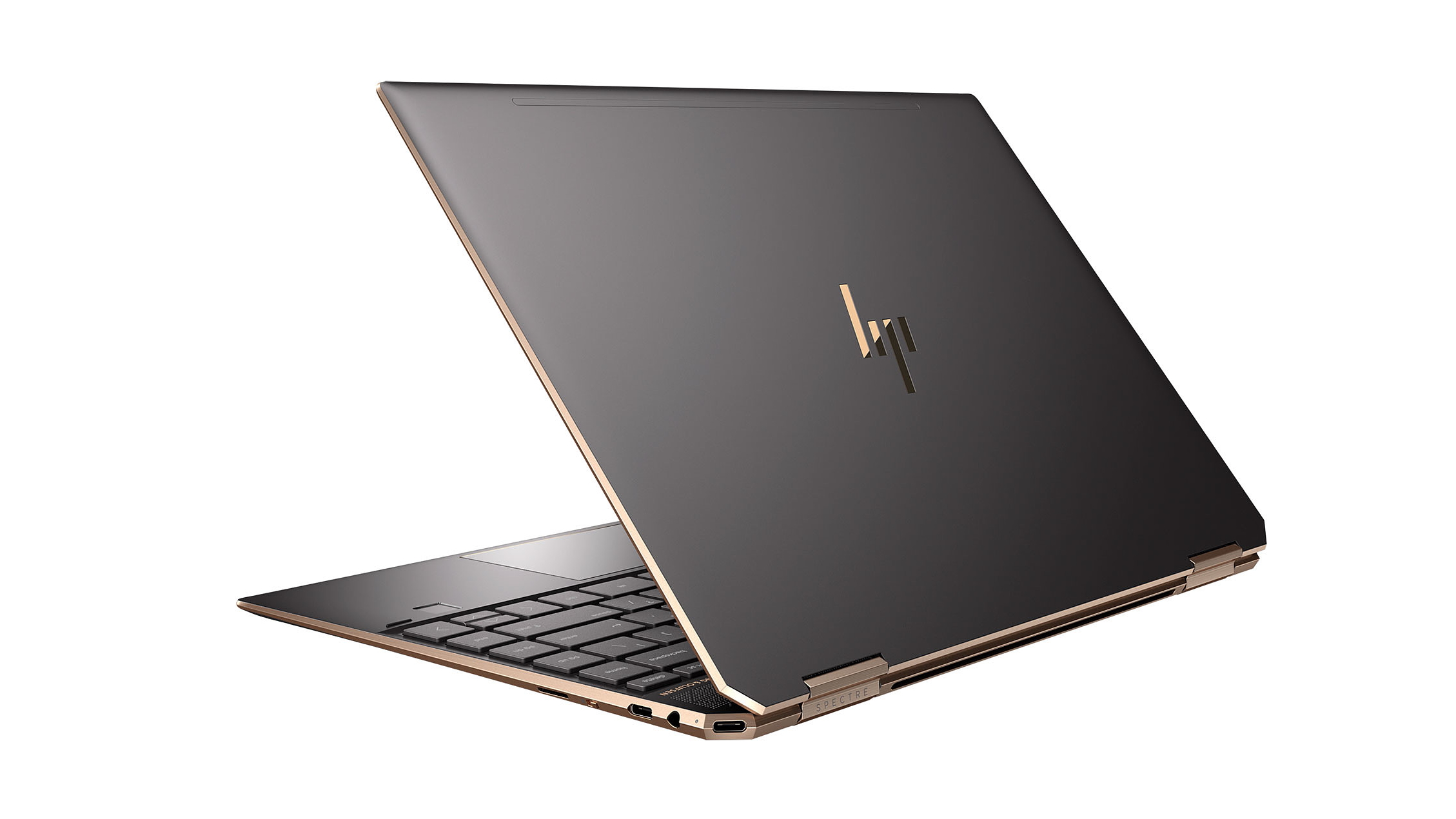 Image of the back of the HP Spectre x360 laptop with the HP logo showing