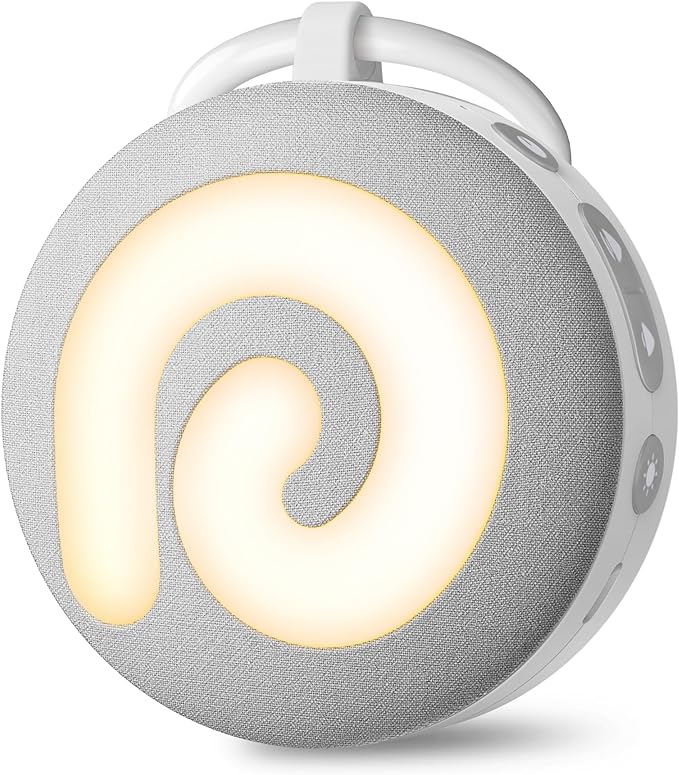 A gray Dreamegg D11 portable sound machine with a light up swirl in the middle