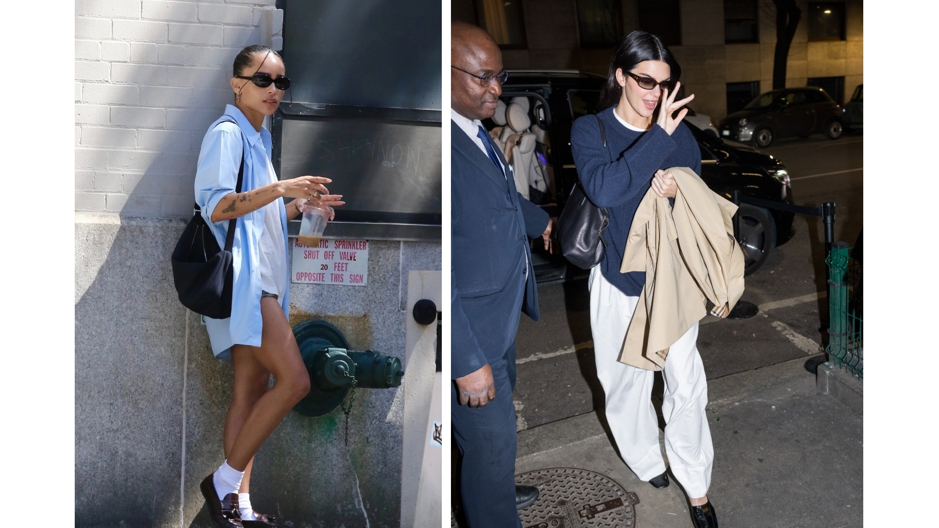 side by side image of celebrities zoe kravitz and kendall jenner wearing fall basics with loafers