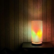 A switched on table lamp with a stained glass light bulb in a dark room