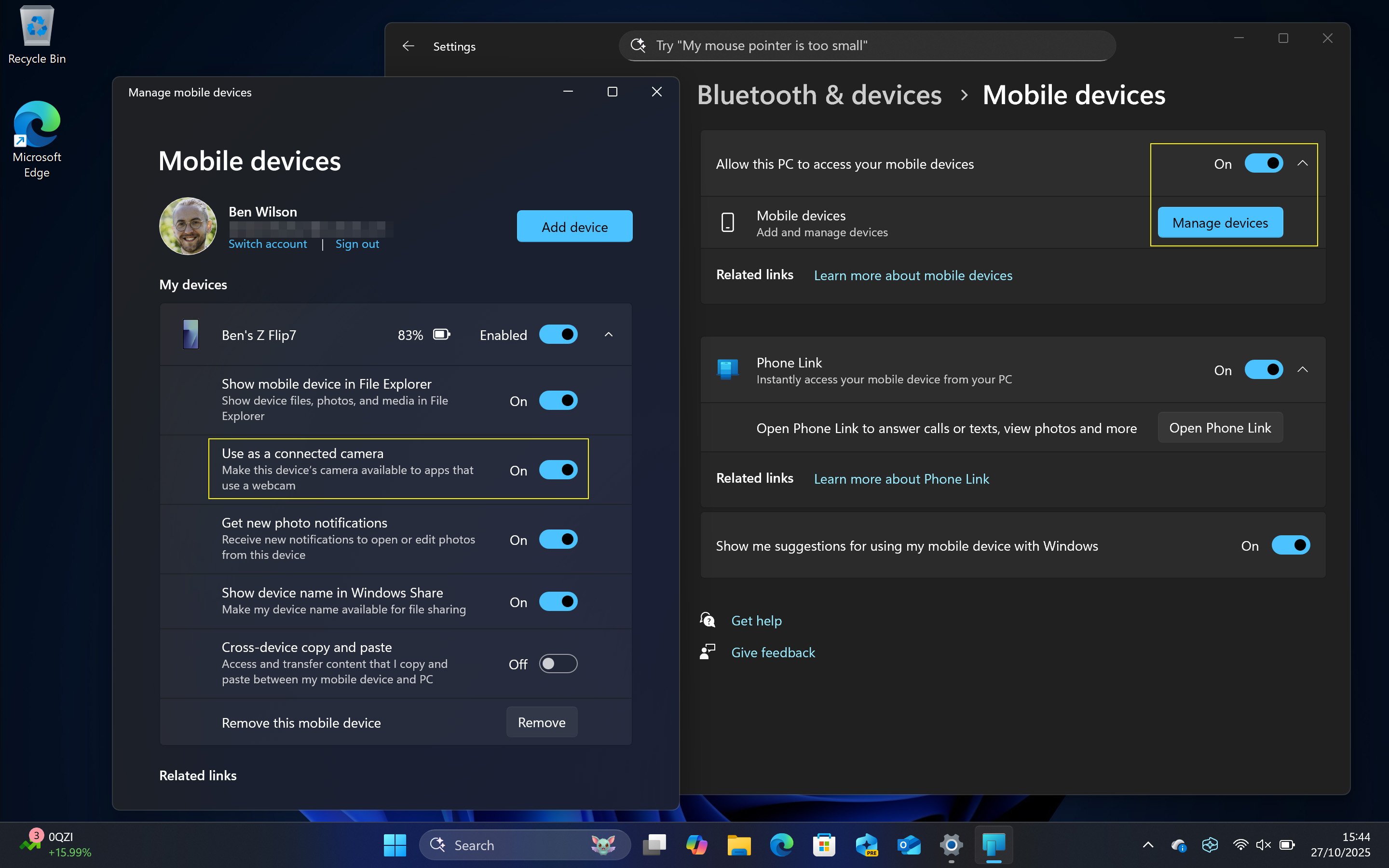 Using an Android phone as a connected camera in Windows 11 via mobile devices