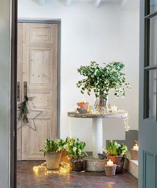 Christmas hallway with pedestal table and foliage