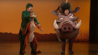James Corden and Tom Cruise as Timon and Pumbaa in The Lion King. Shown on The Late Late Show.