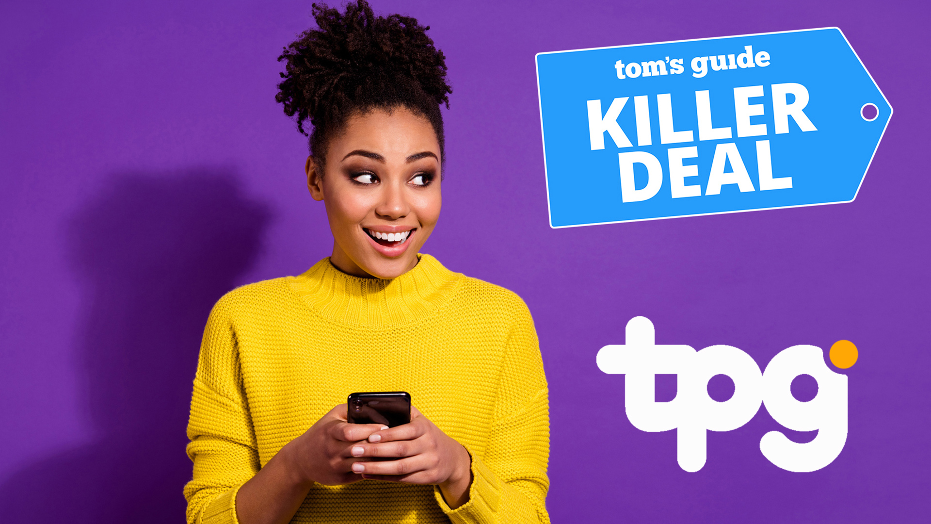 Woman in yellow sweater holding phone against a purple background with Tom's Guide Killer Deal and TPG logo overlaid