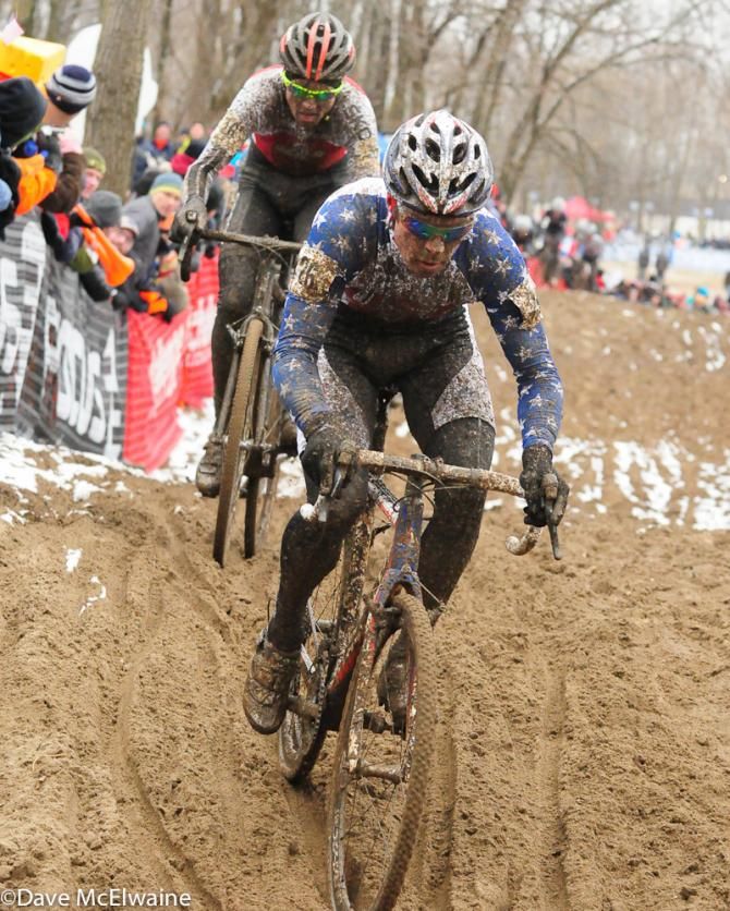 Jonathan Page (USA) trying to recover from a broken chain and flat tire