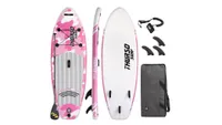 Thurso Surf Prodigy Junior in pink camo print, with fins, leash and carry bag