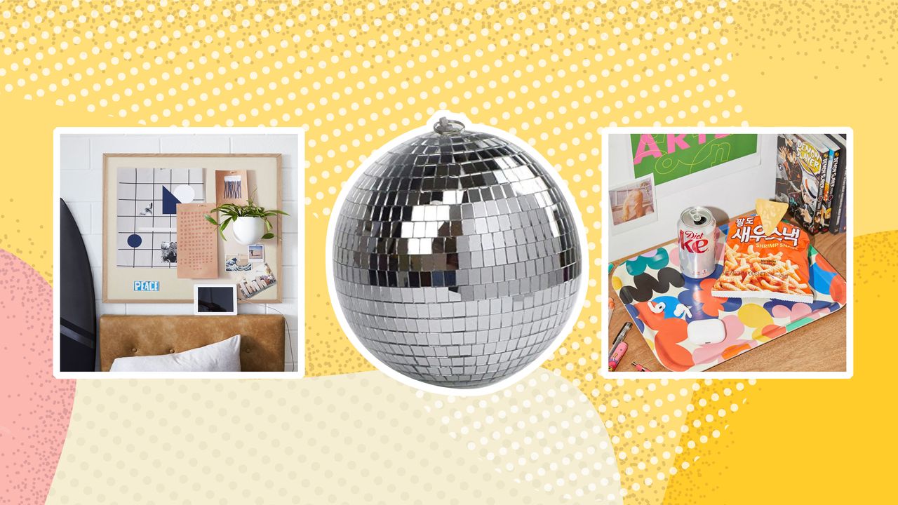 Disco ball, artwork, and decor on a yellow background