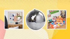 Disco ball, artwork, and decor on a yellow background
