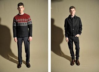 Left: Fairisle knit sweater in navy, burgundy and white; Pale grey brushed cotton melange check shirt; Navy trousers with burgundy pinstripe; Chocolate brown shearling-lined hill boot Right: ﻿Blocked flannel jacket in charcoal and navy; Navy lightweight Mongolian cashmere Henley cable knit; Navy and burgundy lumberjack check brushed cotton shirt; Navy wool jeans; Tan scotchgrain brogue hill boot