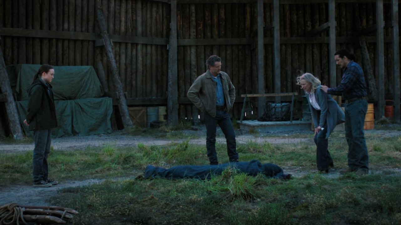 Ellie, Joel and Tommy stand around Gail as she looks at Eugene's body on The Last of Us Season 2.
