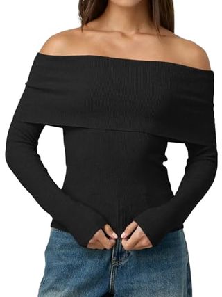 Lillusory Schulterfreier Damen-Pullover, Y2K-Langarm-Herbstoberteil, Date-Night-Out-Outfits, Schwarz, Übergroß