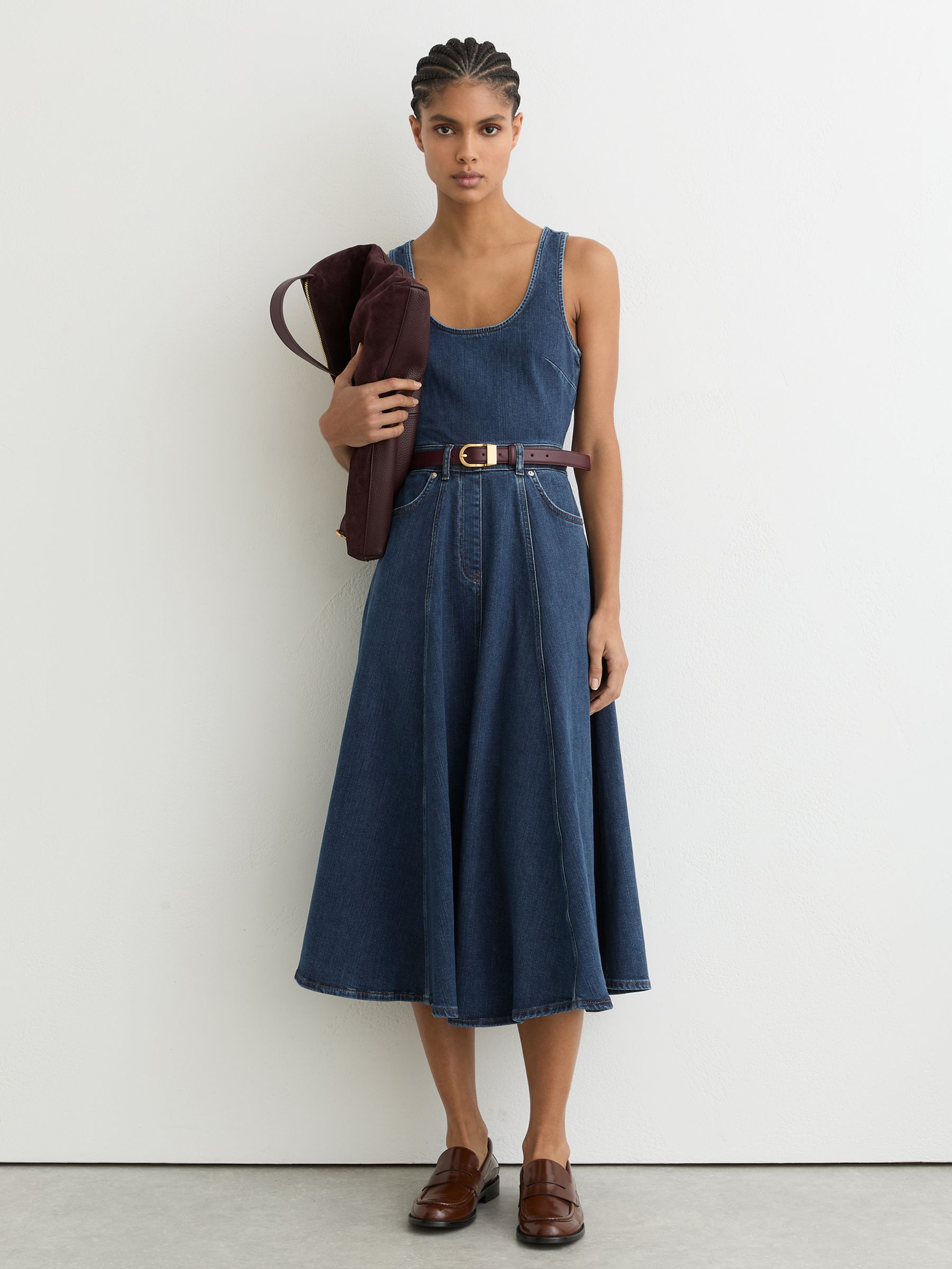 Denim Sleeveless Waisted Midi Dress in Indigo Blue - Size 4