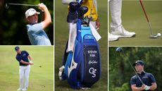 Steven Fisk's golf bag and various pictures of him around it