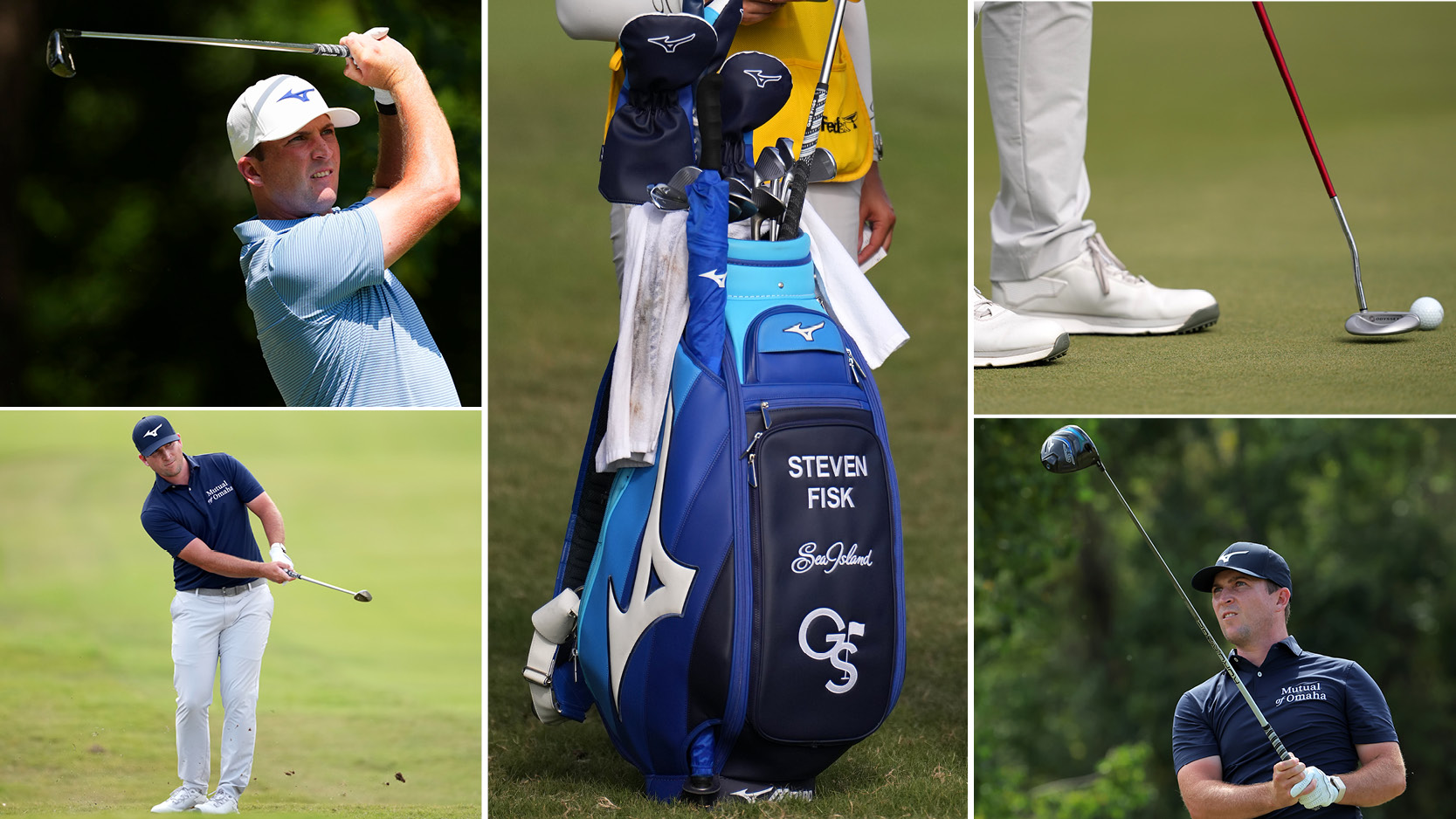 Steven Fisk&#039;s golf bag and various pictures of him around it