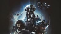 Fragmentary Order key art depicting three sci-fi soldierings (including a robot) stacked poster-like, with two VTOLs flying above them.