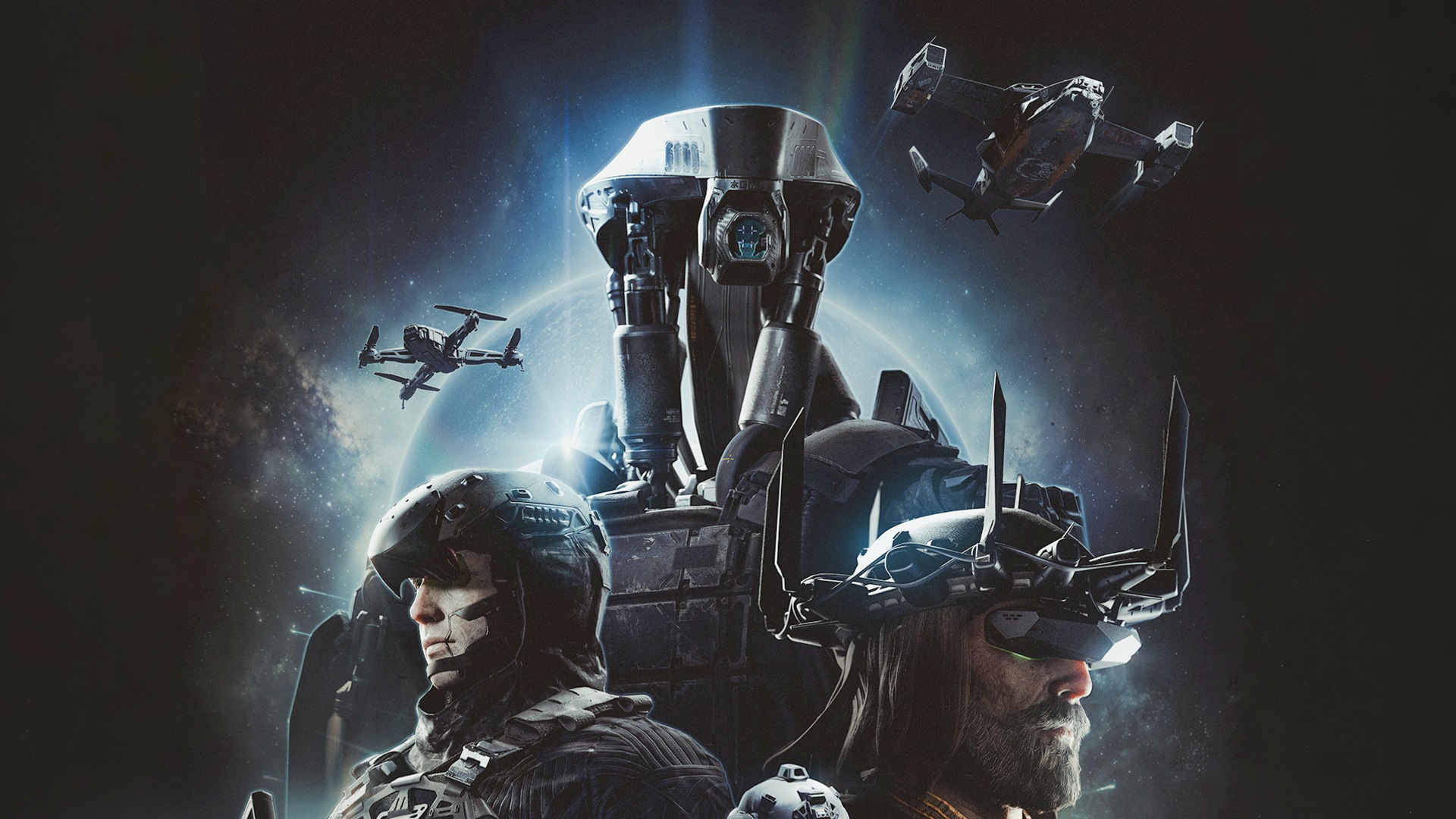 Fragmentary Order key art depicting three sci-fi soldierings (including a robot) stacked poster-like, with two VTOLs flying above them.